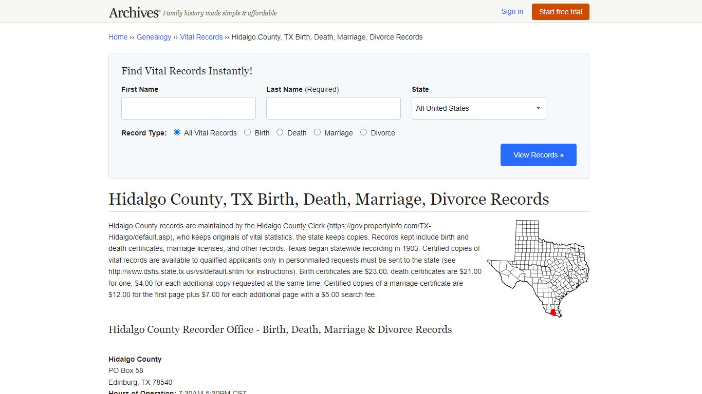 Hidalgo County, TX Birth, Death, Marriage, Divorce Records